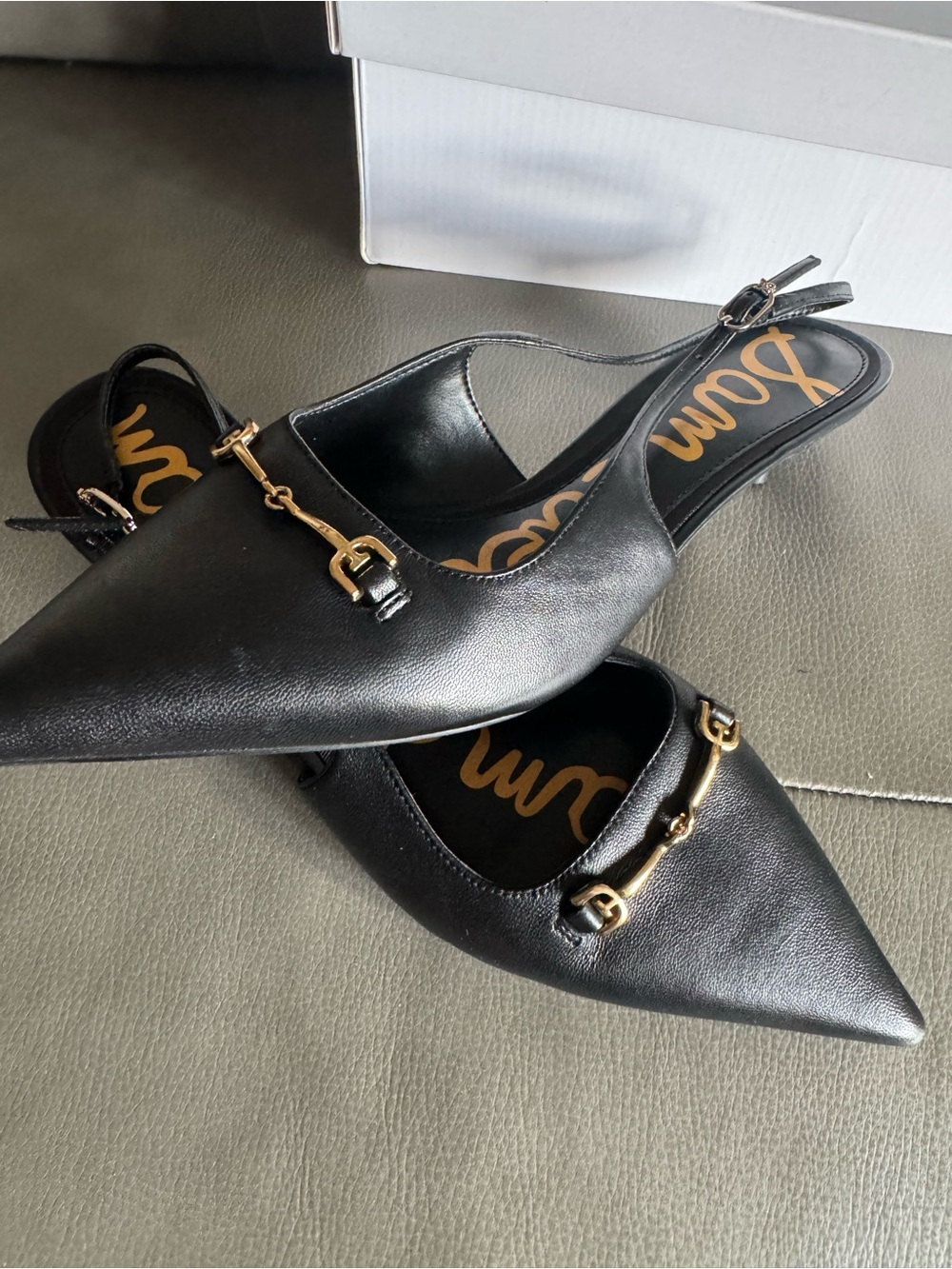 Sam Edelman Black Leather Pointed-Toe Slingback Heels with Gold Accent - Picture 6 of 8